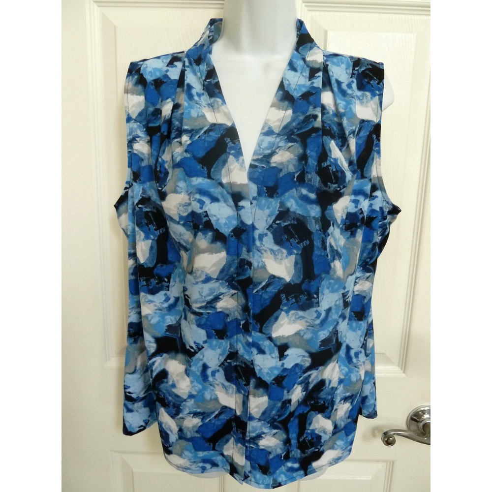 Calvin Klein Women XL Blue White Abstract Professional V-Neck Sleeveless Blouse